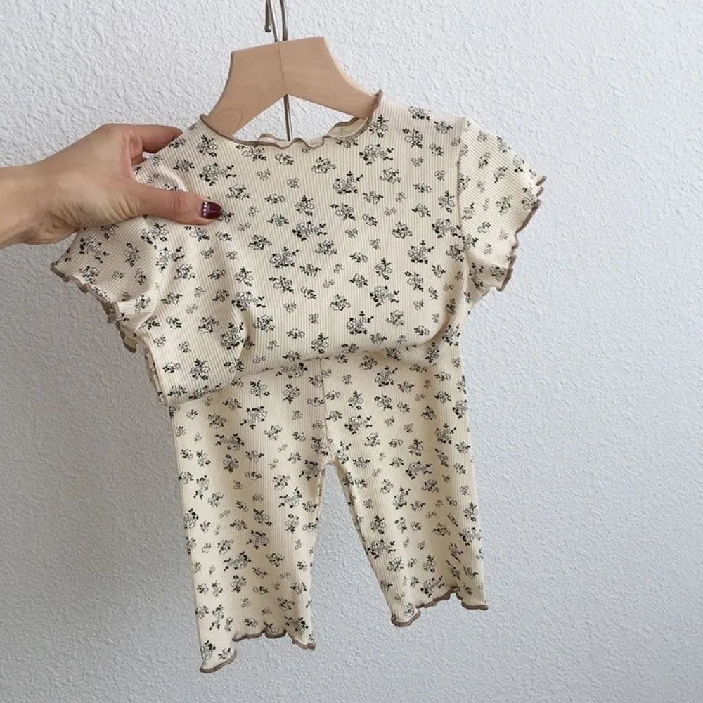 Bear Leader Summer Fashion New Short Sleeve Round Neck Flower Printed T-shirt Top+Pants 2 Piece Set Kids Casual Home Clothes