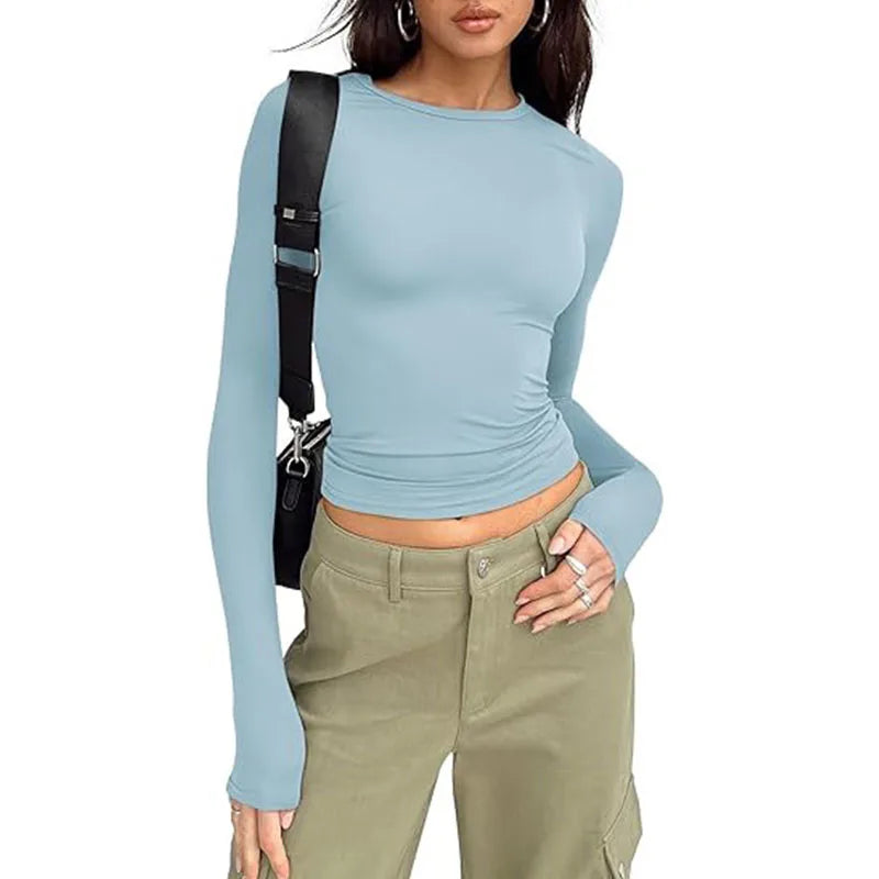 1pcs Four Seasons Fashion Senior Women T-shirt Long Sleeve Crew Neck Solid Slim Fit Tee Ladies Crop Top  Daily Streetwear Camis