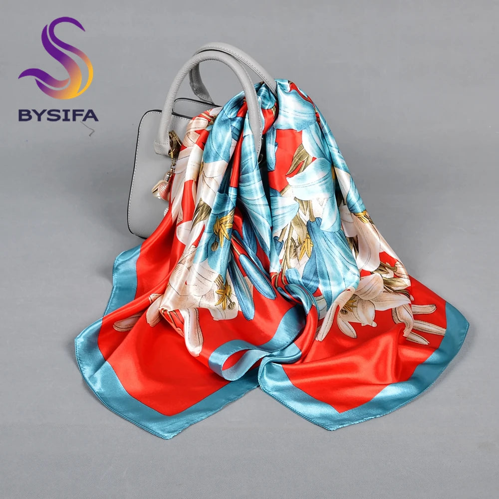 BYSIFA| Pink New Silk Shawl Scarf Women Fashion Elegant Floral Square Satin Scarves Fouldard Fall Winter Neck Scarves Hijiabs