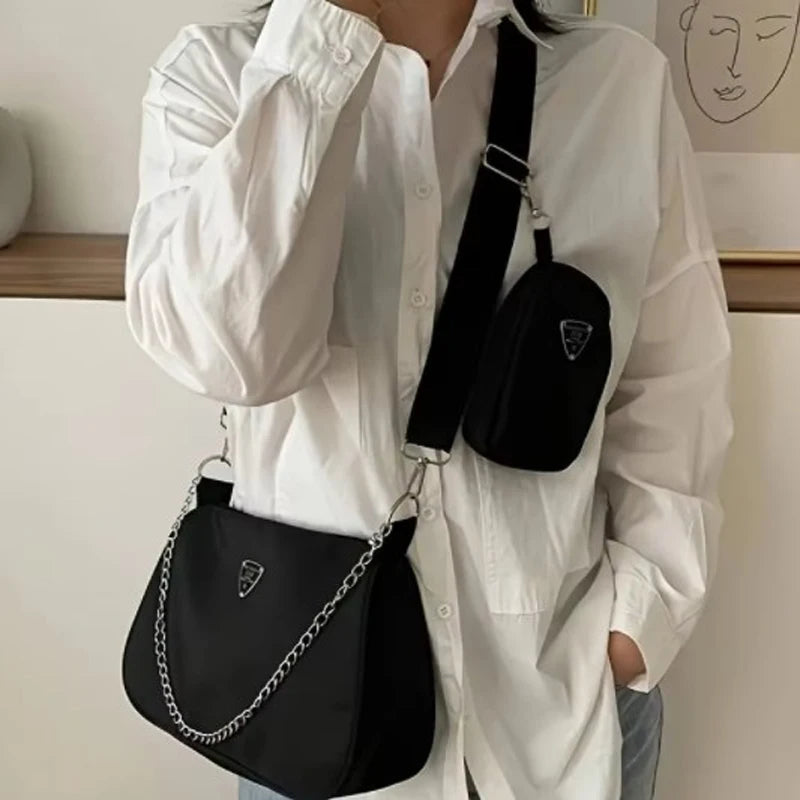 2-Piece Nylon Shoulder Bag Set: Chic Solid Color Handbags with Chain Strap for Daily Use & Travel