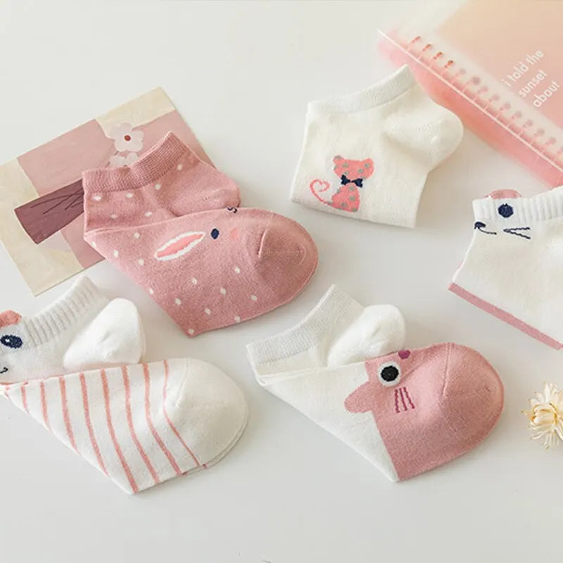 5/10/20 Pairs Women's Short Tube Socks Pink Cat Thin Four Seasons Cute Boat Sockslow Top Ins Trendy Socks