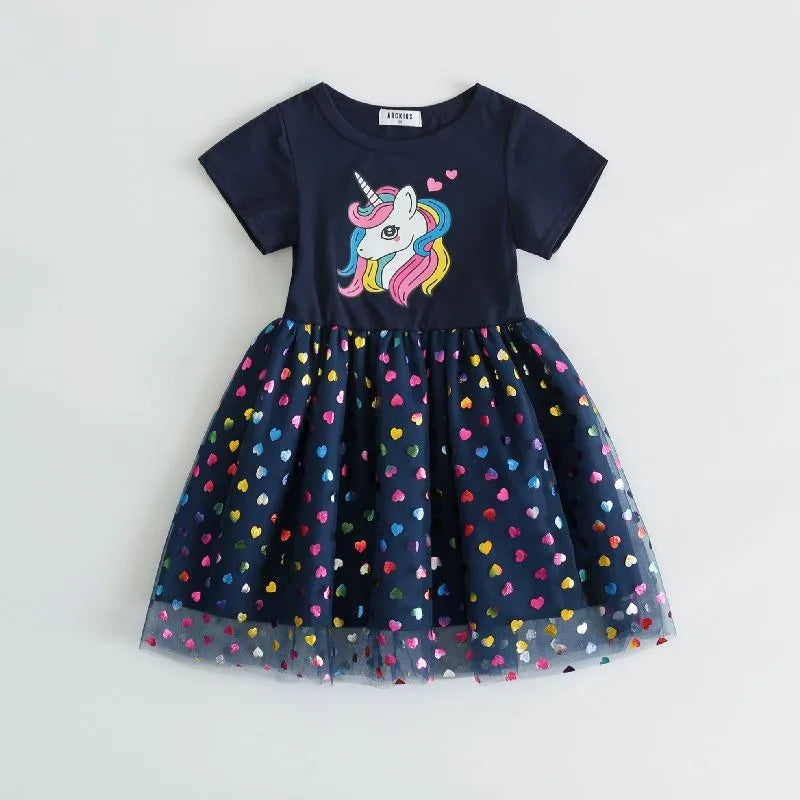 2026 New Kids Clothes Summer Girls Dress Short sleeves Princess Dress For Children Baby Birthday Party Clothing Unicorn Clothing