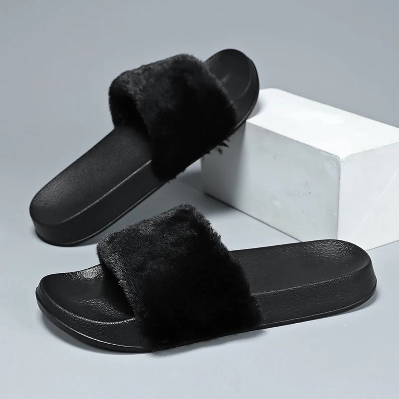 Fluffy Slippers Women Home Autumn Winter Casual Shoes Indoor Plush Slides Fashion Elegant Flat Footwear Soft