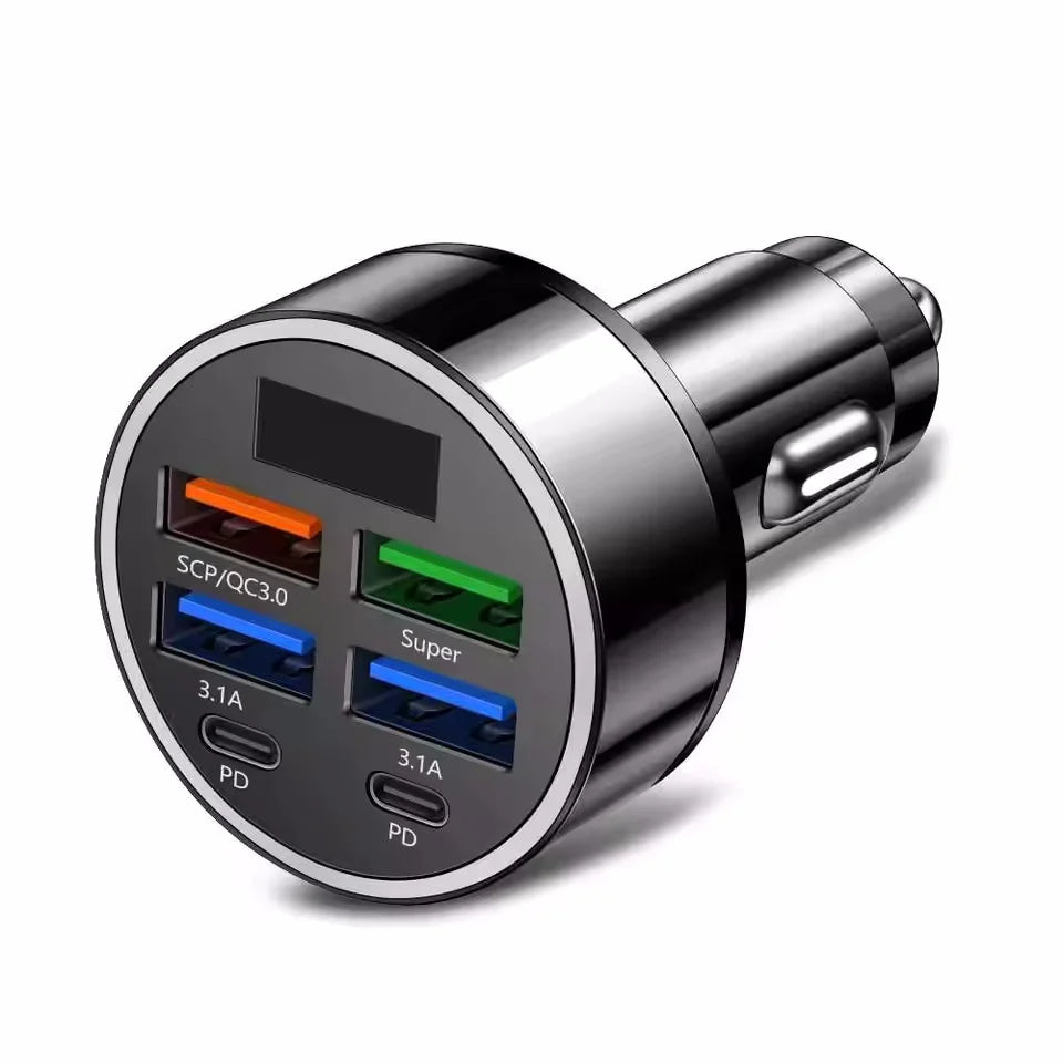 6 in 1 USB C Car Phone Charger Adapter with Voltage Display Dual PD Super Fast for iPhone 15 Pro max OPPO Samsung Huawei