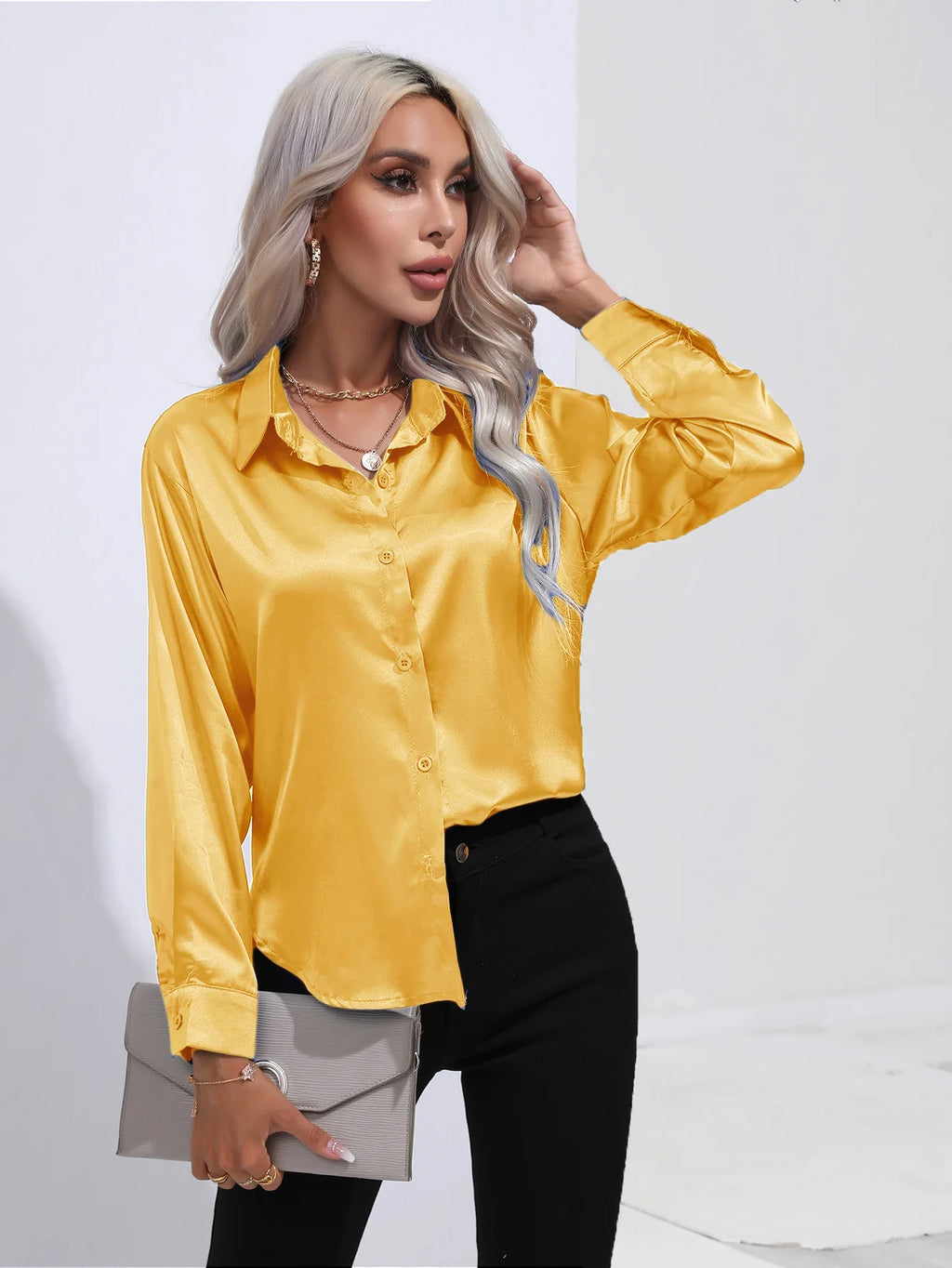 2025 Spring Summer Satin Shirt for Women, V-Neck Long Sleeve Silk Blouse Loose Office Shirt in Black White