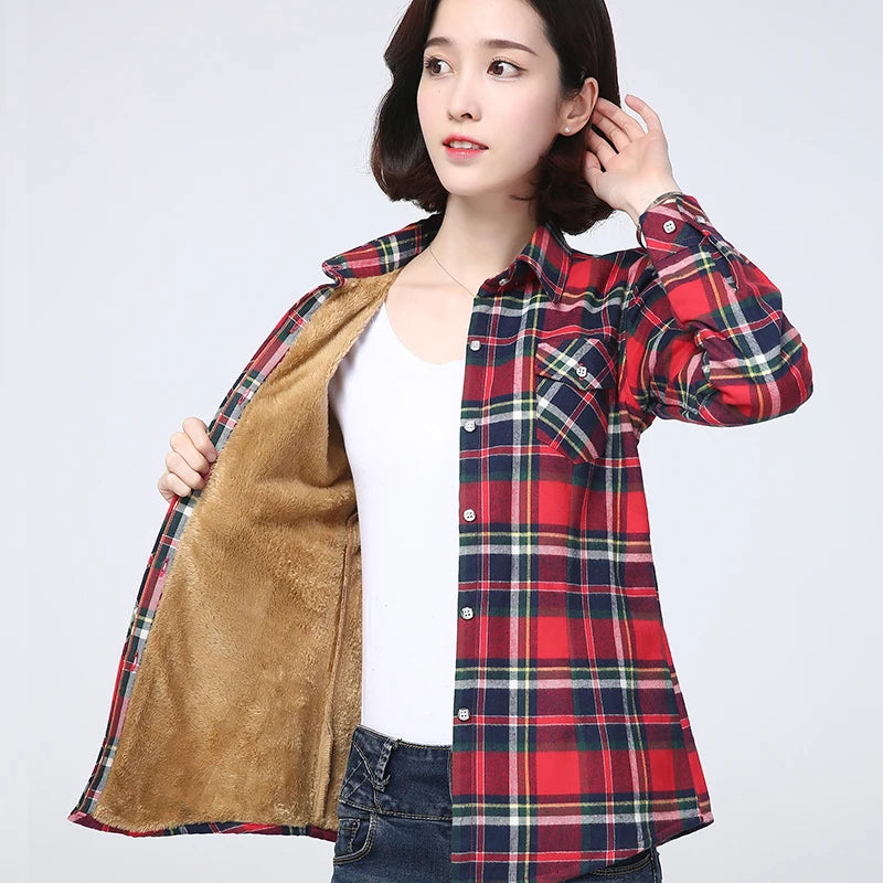 2023 Winter New Women's Warm Plaid Shirt Coat Casual Fleece Velvet Plus Thicke Tops Brand College Style Woman Clothes Outerwear