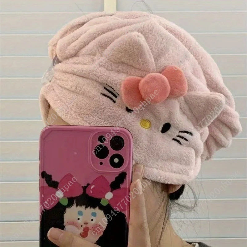 1pc Hello Kitty Hair Drying Cap for Women Ins Coral Fleece Thickened Water-Absorbent Headscarf Non-Shedding Towel Perfect Gift