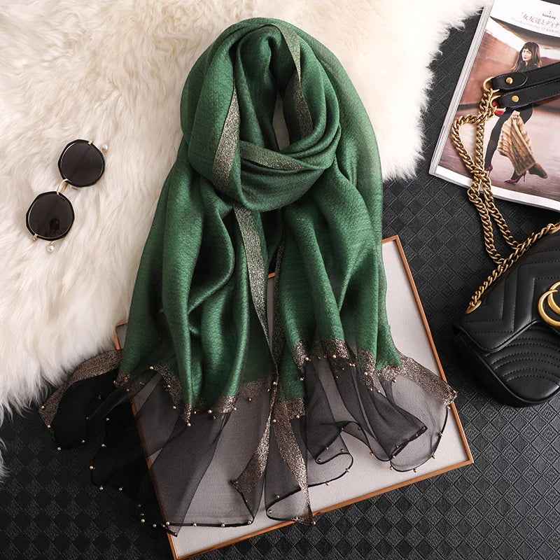 2024 Luxury 100% Silk Shawl Scarf for Women Design Embroidery Flowers Hijab Wraps Bufandas Female Headkerchief Fouloud Echarpe