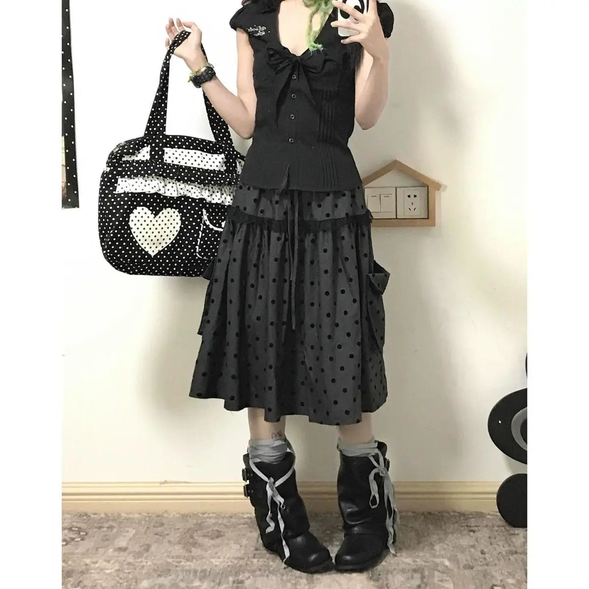 2000 Aesthetic Gray Design Polka Dot Skirt Women New American Retro Cute Skirts Female A-line Hottie Lace Korean Popular Clothes