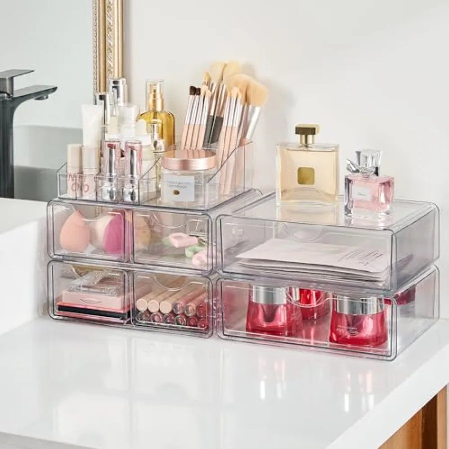 5 Tier Clear Makeup Organizer with Drawer Cosmetic Storage for Dresser Countertop and Bathroom Vanity Beauty Holder for Lipstic