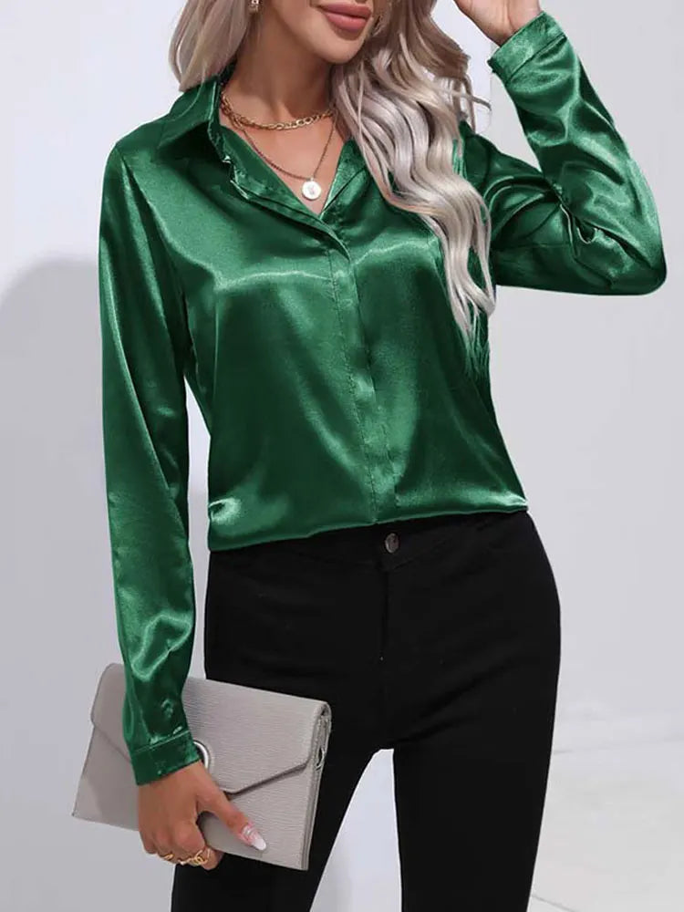 2025 Spring Summer Satin Shirt for Women, V-Neck Long Sleeve Silk Blouse Loose Office Shirt in Black White
