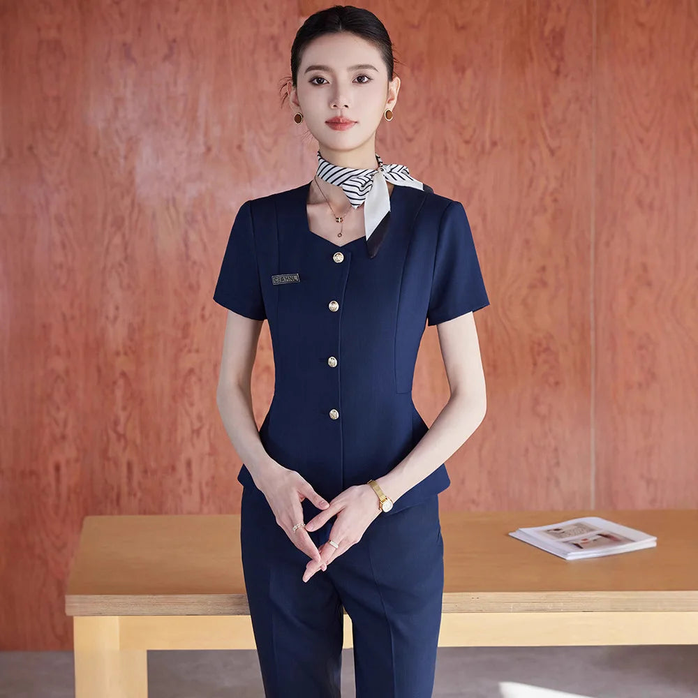 Elegant Western-Style Women's Summer Short Sleeve Suit for Professional Hotel Manager Front Desk Workwear Jewelry Store