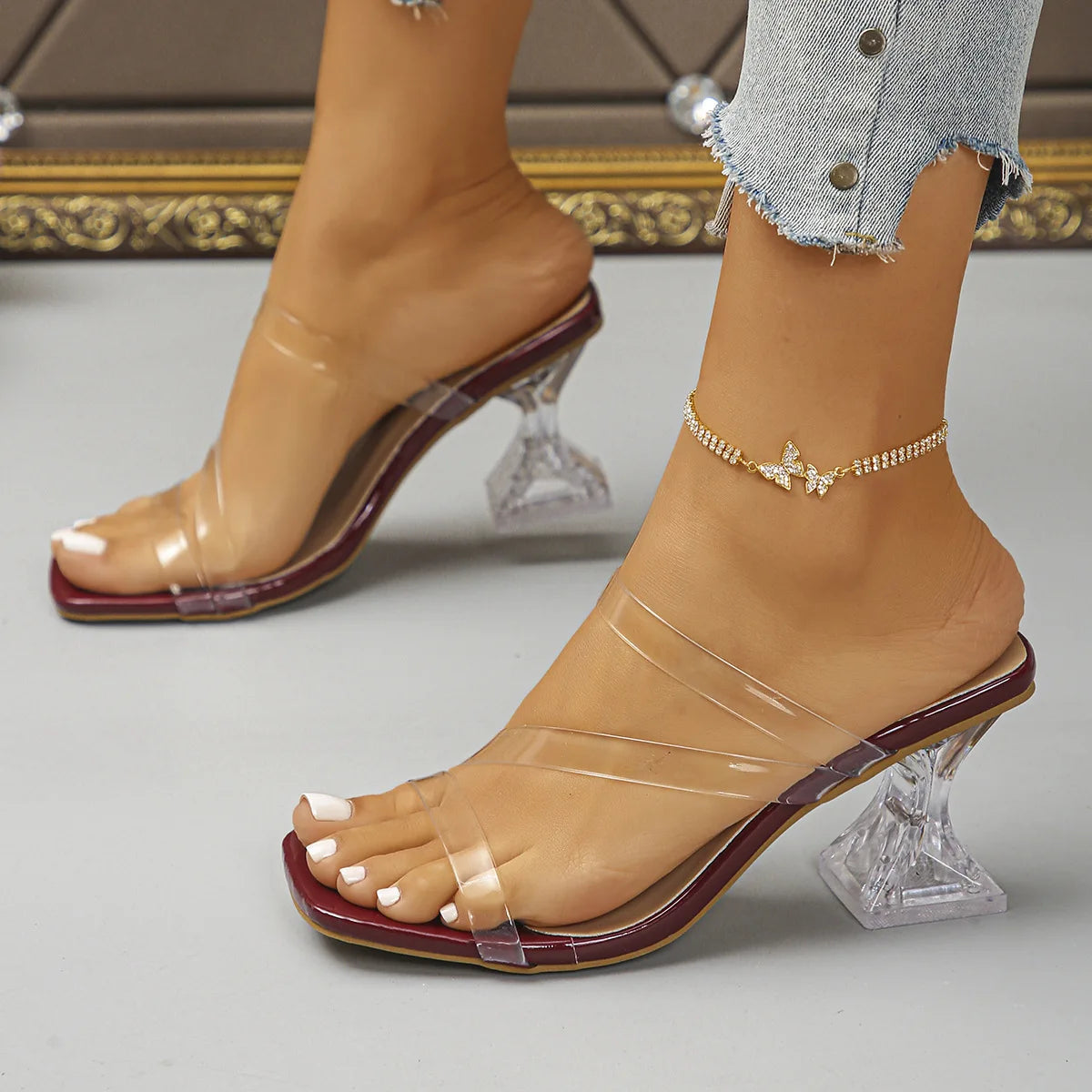 Clear Transparent PVC High Heel Sandals for Women Square Toe Fashionable Women's Casual Slippers Size 35-42 Summer Footwear New