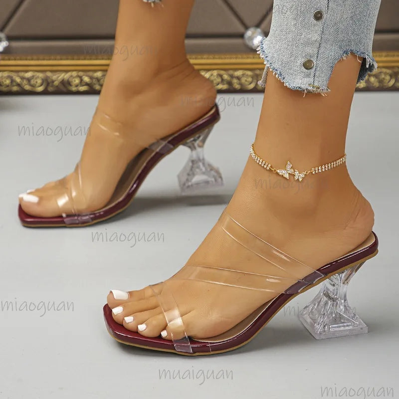 Clear Transparent PVC High Heel Sandals for Women Square Toe Fashionable Women's Casual Slippers Size 35-42 Summer Footwear New