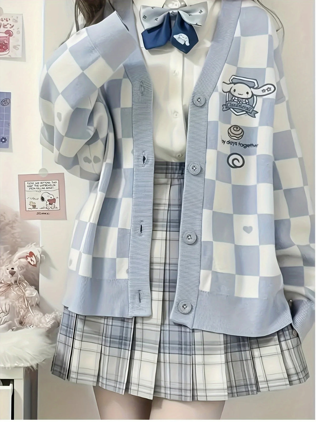 Cinnamoroll Light Blue White Checkered Cardigan Featuring A Heart-Shaped Designed for Teen and Women Long-Sleeved Thin Sweater