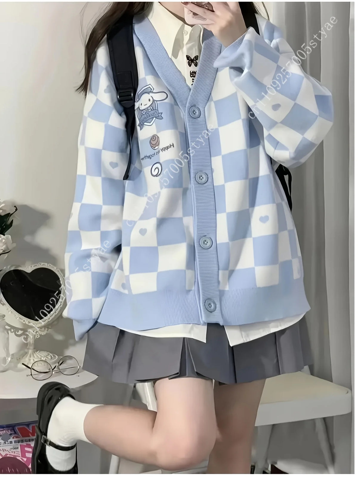 Cinnamoroll Light Blue White Checkered Cardigan Featuring A Heart-Shaped Designed for Teen and Women Long-Sleeved Thin Sweater