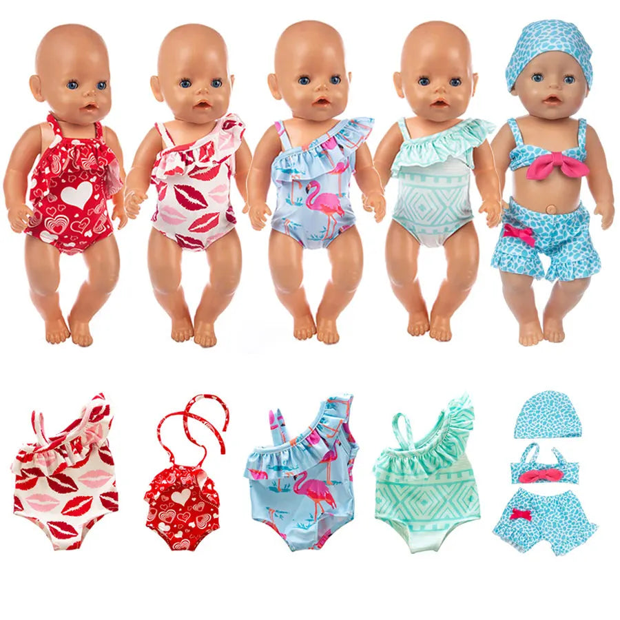 Cute Swimming Suit For 18Inch American Doll Sweet Heart Print Doll Swimsuit Clothes For 43Cm Newborn Baby Doll Kids Gift