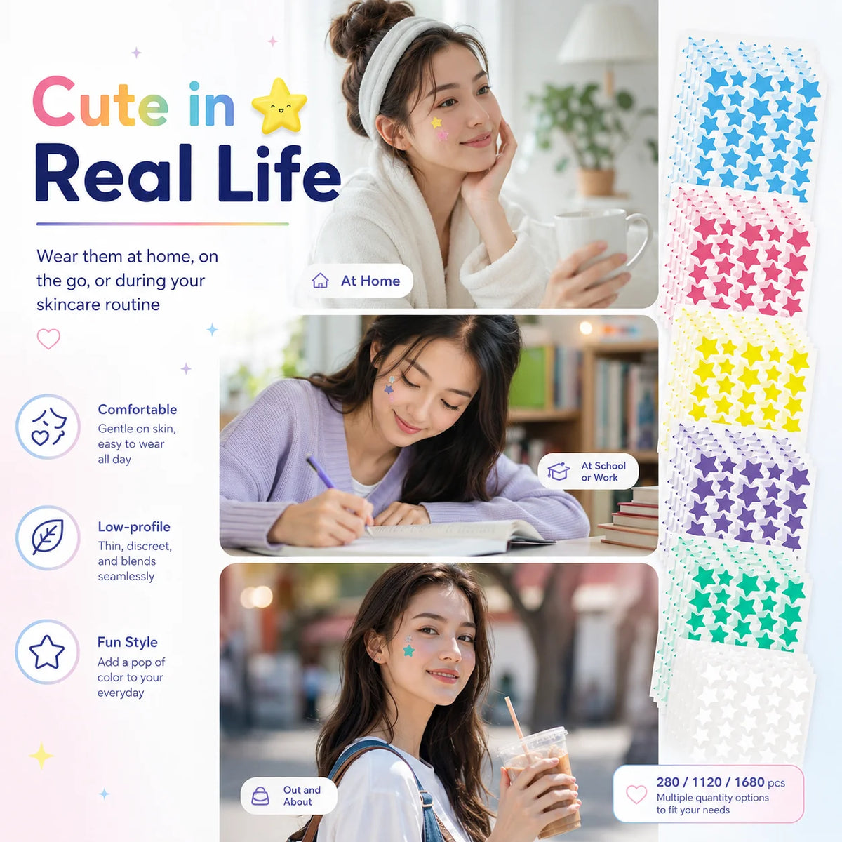 280/1120/1680pcs Seven-Color Star Pimple Patches – Invisible Hydrocolloid Dots for Fun & Gentle Skincare