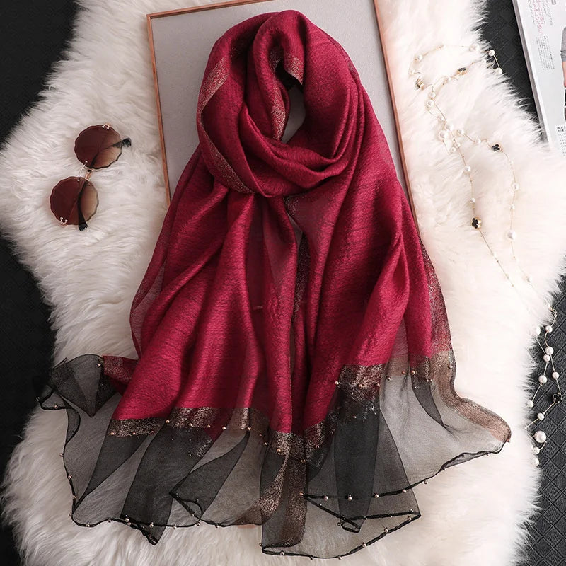 2024 Luxury 100% Silk Shawl Scarf for Women Design Embroidery Flowers Hijab Wraps Bufandas Female Headkerchief Fouloud Echarpe