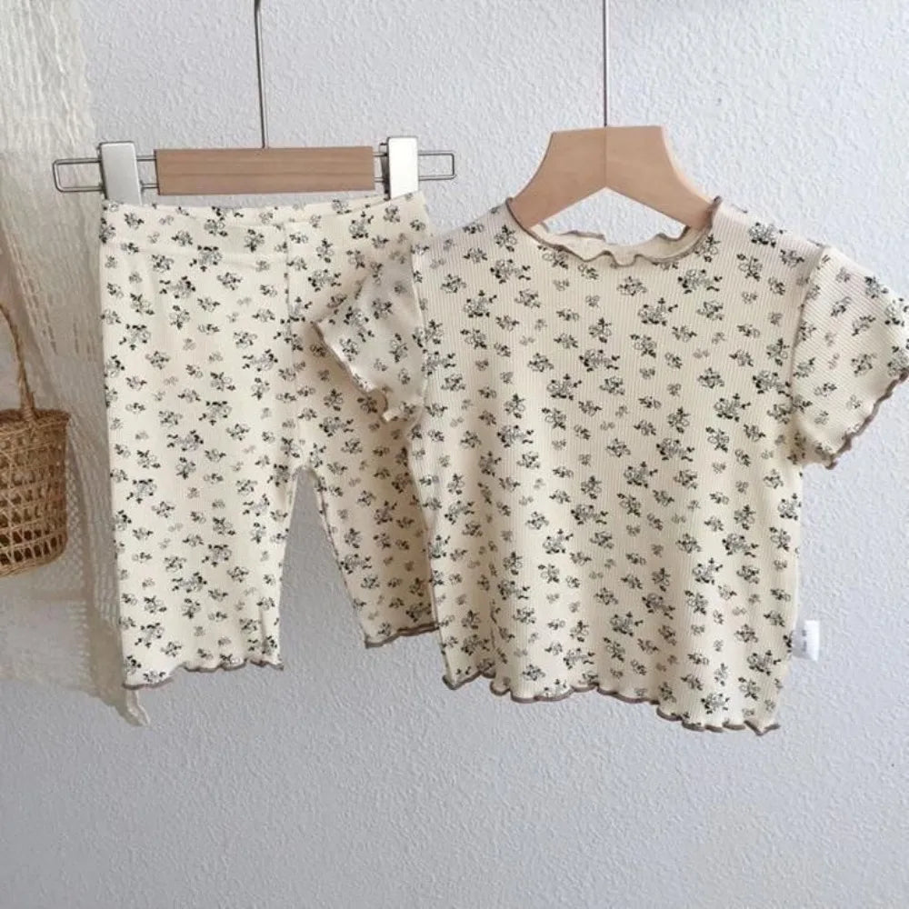 Bear Leader Summer Fashion New Short Sleeve Round Neck Flower Printed T-shirt Top+Pants 2 Piece Set Kids Casual Home Clothes