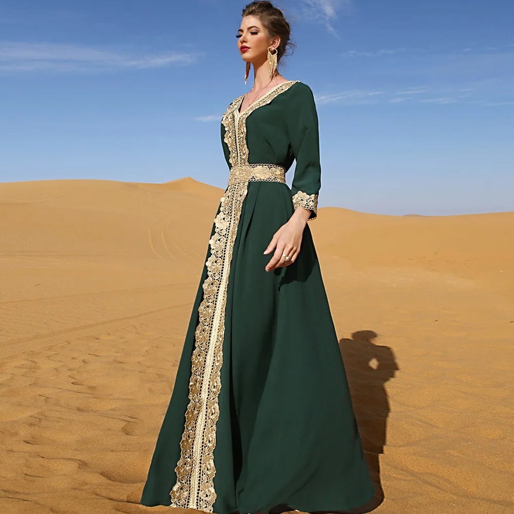 Elegant Vintage Middle East Southeast Asia Women's Dress in Forest Green with Embroidered Lace Perfect for Holiday Travel Pho...