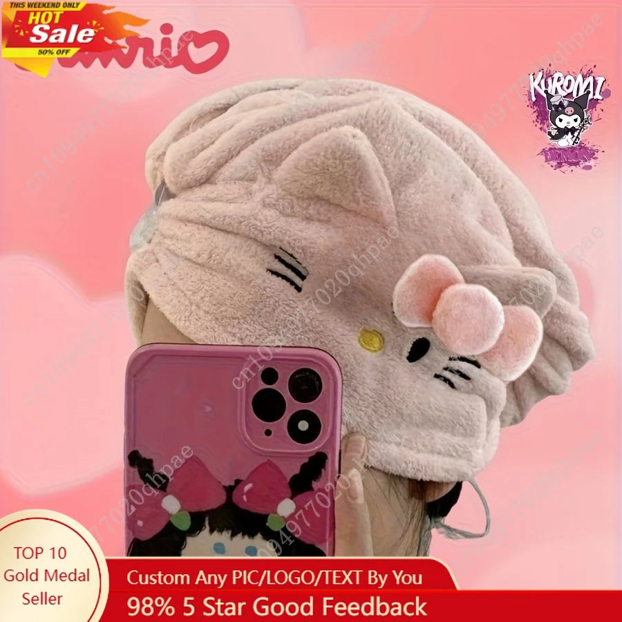 1pc Hello Kitty Hair Drying Cap for Women Ins Coral Fleece Thickened Water-Absorbent Headscarf Non-Shedding Towel Perfect Gift