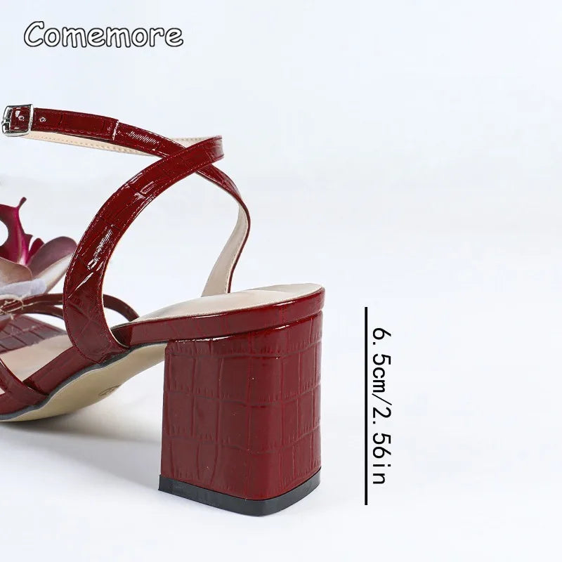 Burgundy Heels for Ladies Elegant Flower Sandals Ankle Straps Square Toe Fashion Women's Footwear Party Dress Shoes for Women