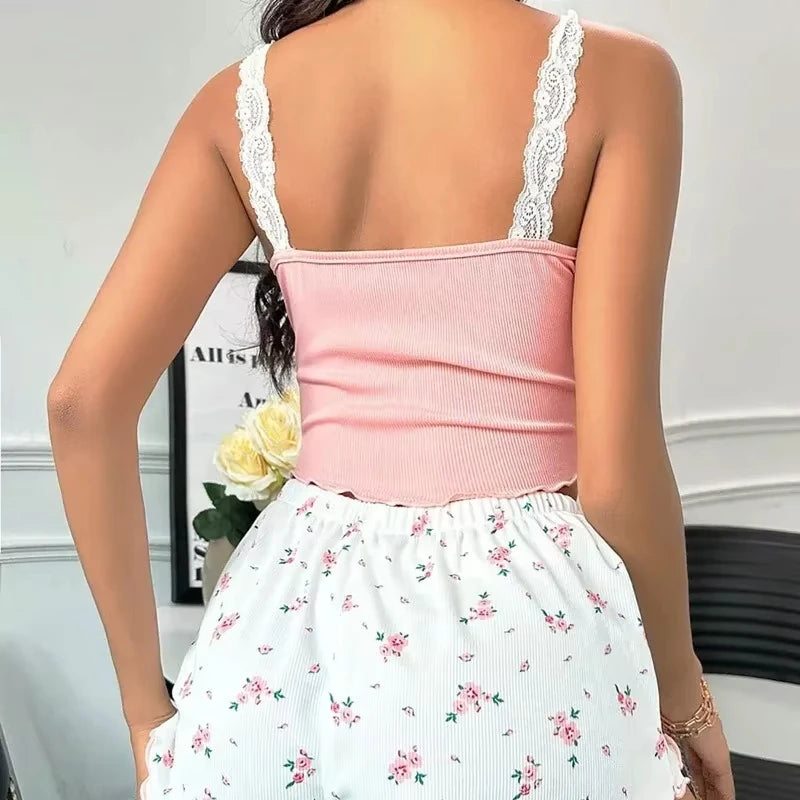 2Pcs Women Pajama Set Pink Lace Patchwork V-Neck Sleepwear Sexy Nighties Suit Cami Top Printed Shorts Soft Pyjamas Loungewear