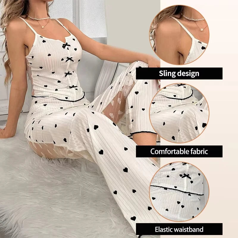 2-Piece Women's Sexy Transparent Mesh Lace Set with Ribbed Printed Strap Top and Pants Home Clothes Pajama Set