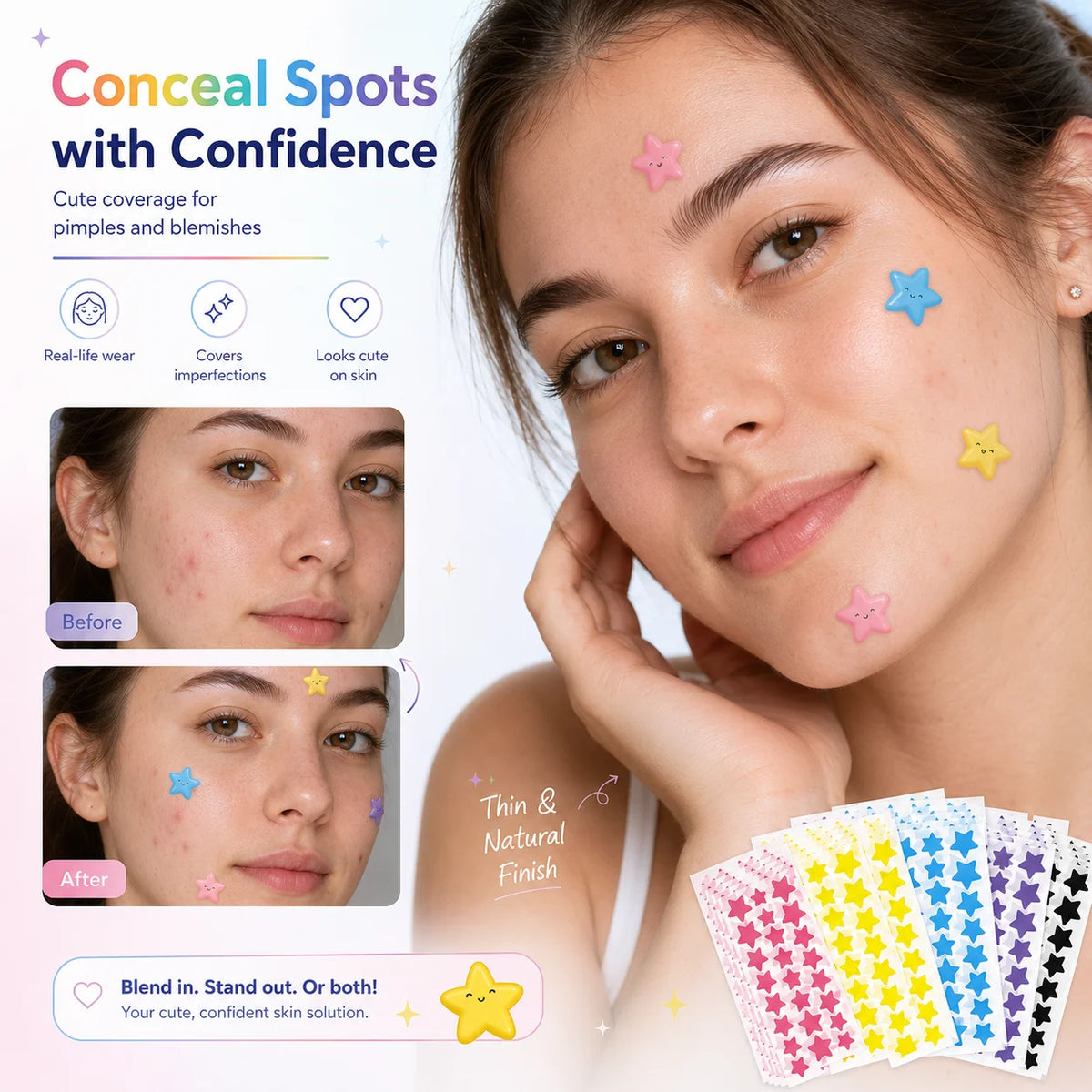 280/1120/1680pcs Seven-Color Star Pimple Patches – Invisible Hydrocolloid Dots for Fun & Gentle Skincare