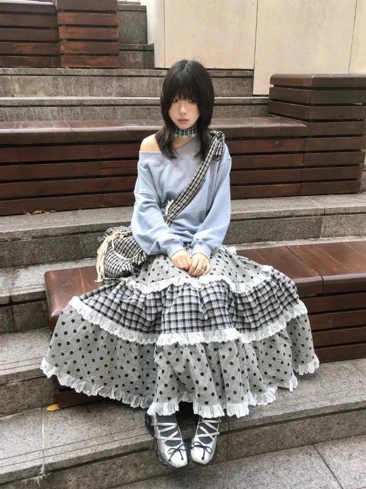 2000 Aesthetic Gray Design Polka Dot Skirt Women New American Retro Cute Skirts Female A-line Hottie Lace Korean Popular Clothes