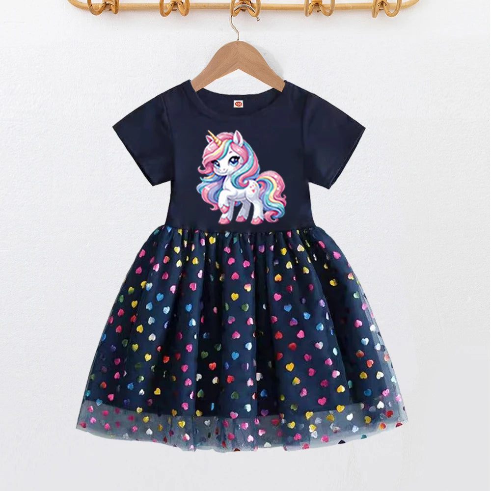 2026 New Kids Clothes Summer Girls Dress Short sleeves Princess Dress For Children Baby Birthday Party Clothing Unicorn Clothing
