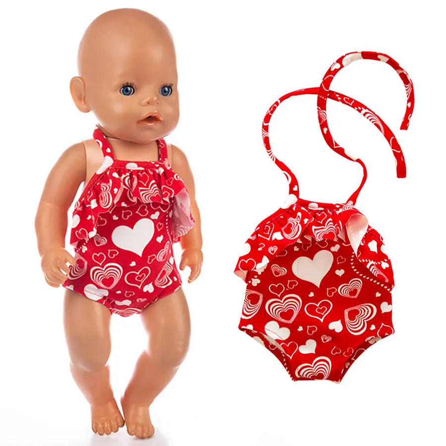 Cute Swimming Suit For 18Inch American Doll Sweet Heart Print Doll Swimsuit Clothes For 43Cm Newborn Baby Doll Kids Gift