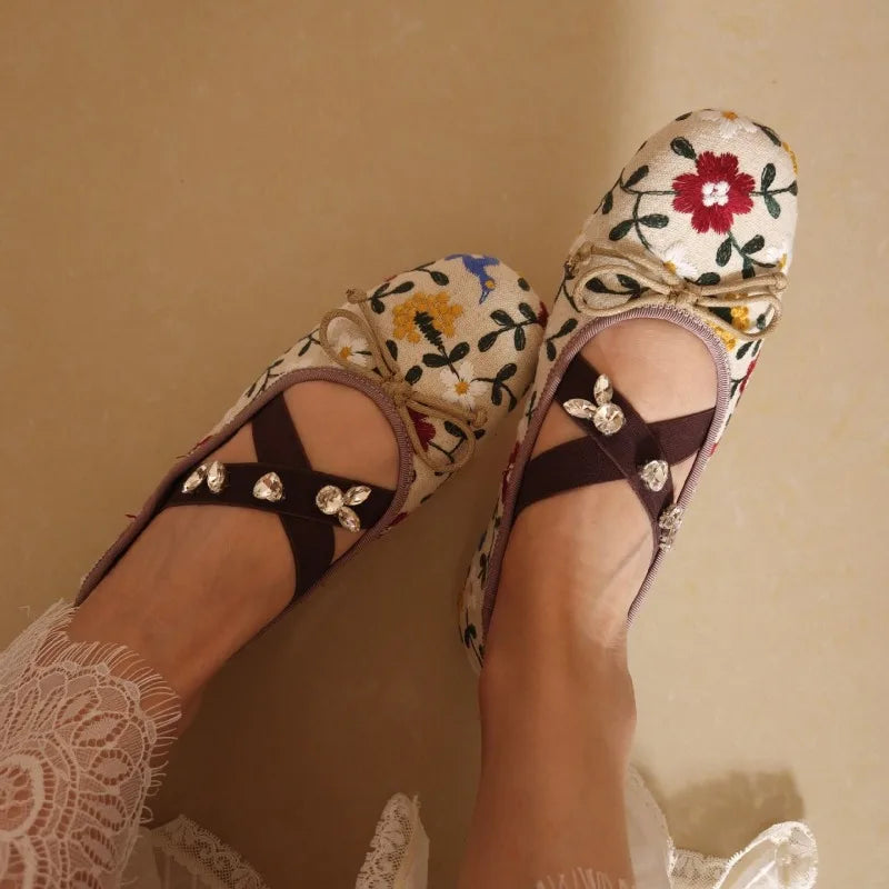 Embroidery Flower Ballet Flats Women Rhinestone Leopard Shallow Casual Footwear Female Comfy Fashion Brand Mary Jane Shoes Women