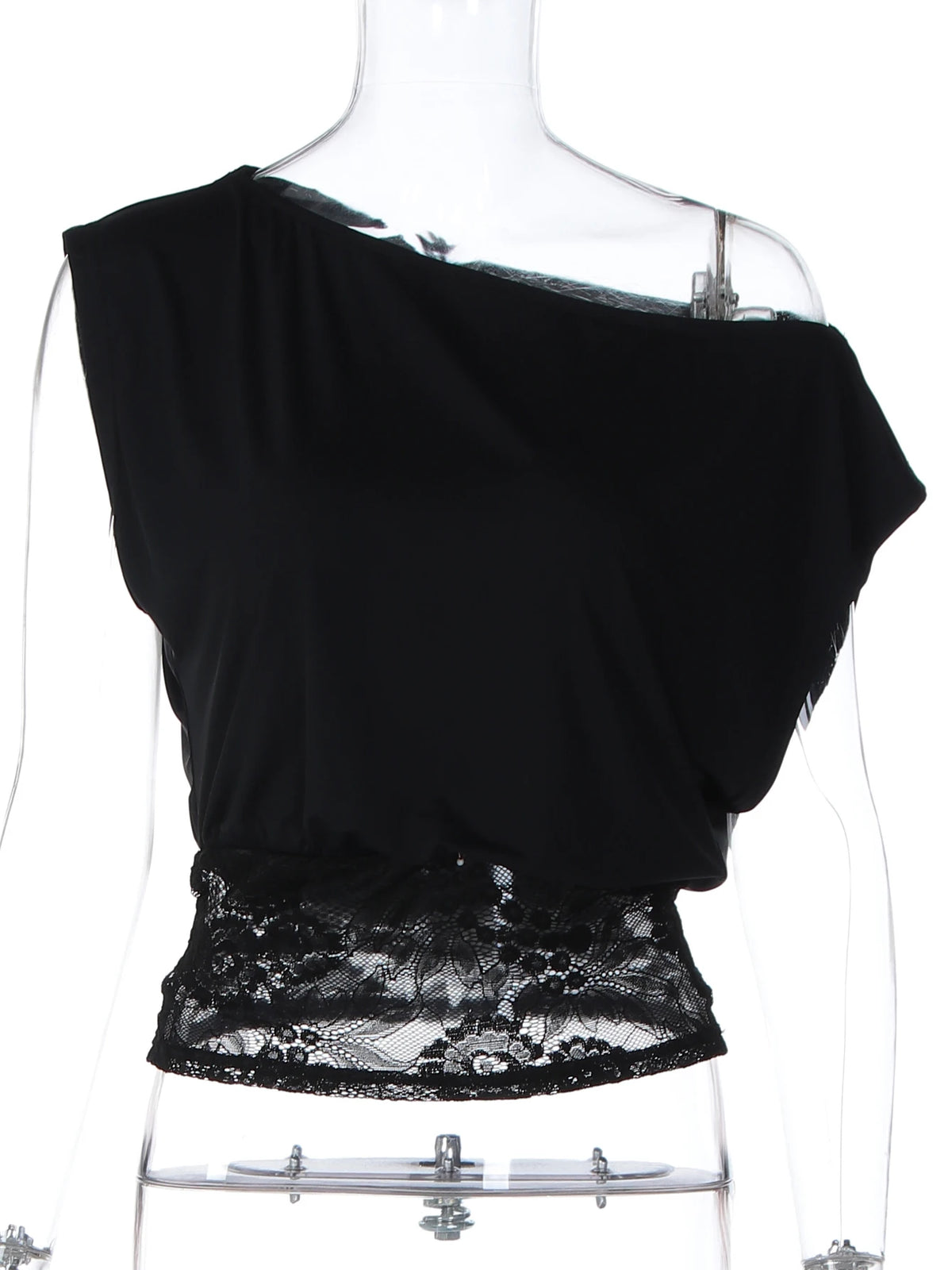 Dulzura Summer Fashion Sexy Inclined Shoulder Lace See Through Patchwork T-Shirt Women'S Solid Casual Y2K Top Party Club Clothes