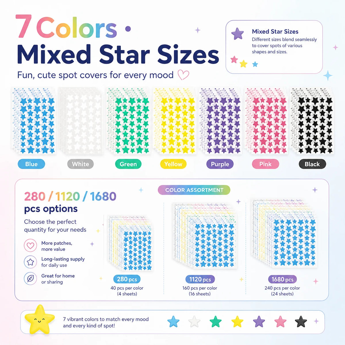 280/1120/1680pcs Seven-Color Star Pimple Patches – Invisible Hydrocolloid Dots for Fun & Gentle Skincare