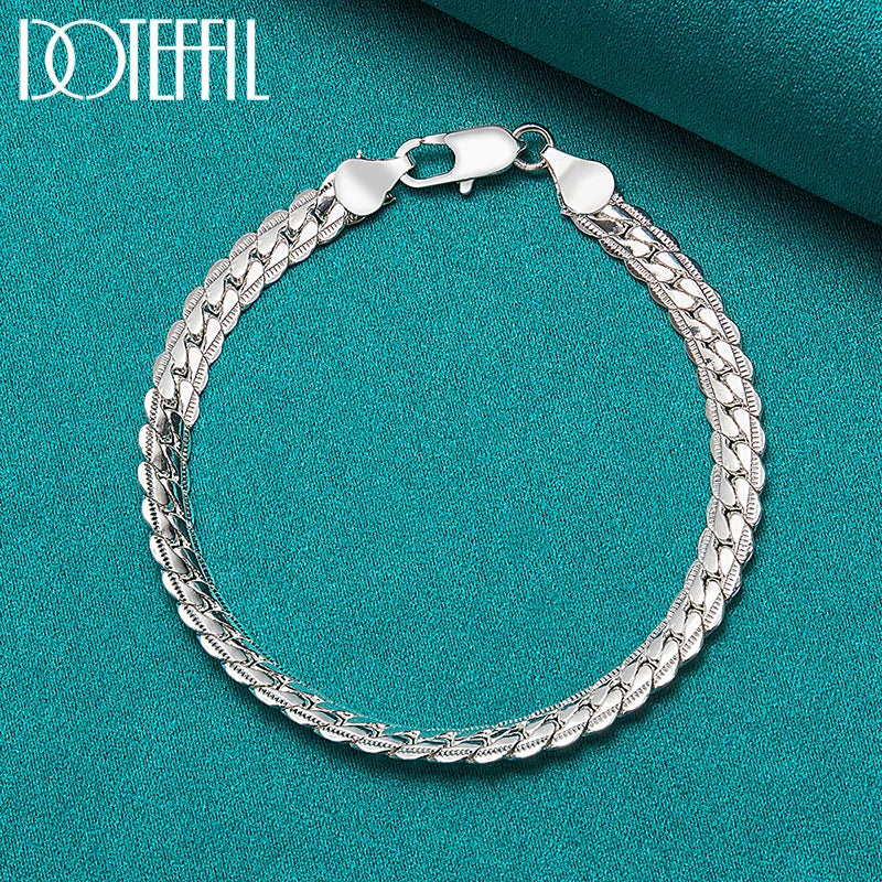 DOTEFFIL 925 Silver Bracelet 6mm 18/19/20cm Flat Side Chain Lobster Clasp For Woman Man Wedding Engagement Jewelry