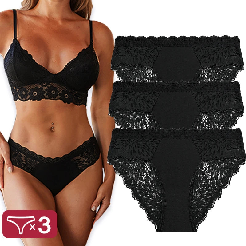 3PCS/Set Sexy Perspective Women Back Lace Panties Patchwork Cotton Underpants Hollow Out Lingerie Underwear Comfortable Briefs