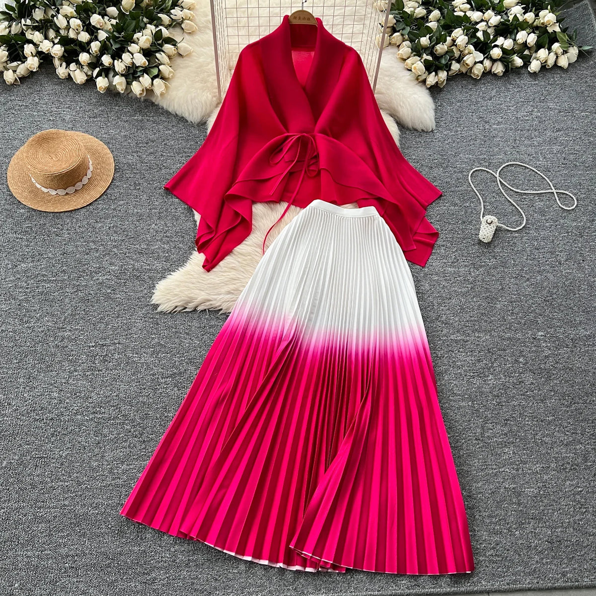 Elegant Long Sleeves Bandage Loose Top High Waist Pleated Skirt Evening High Street Fashion Autumn Winter Gradient Color Sets