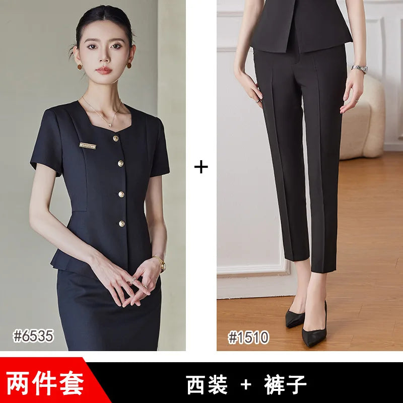 Elegant Western-Style Women's Summer Short Sleeve Suit for Professional Hotel Manager Front Desk Workwear Jewelry Store