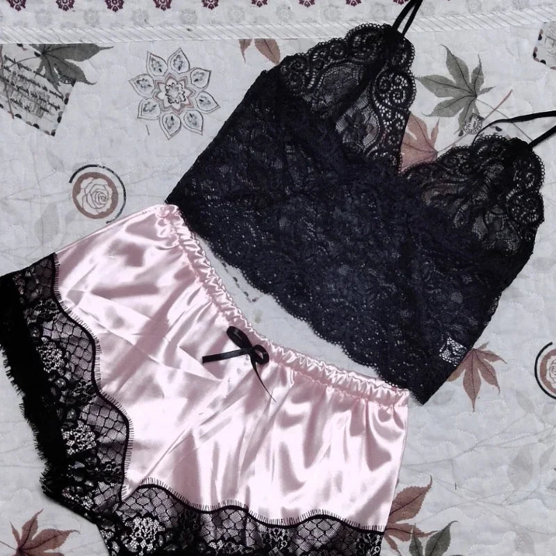 2 Pieces Pajamas Set for Women Sleepwear Sexy Lingerie Lace Silk Crop Tops and Shorts Sets Casual Nightwear Pijamas