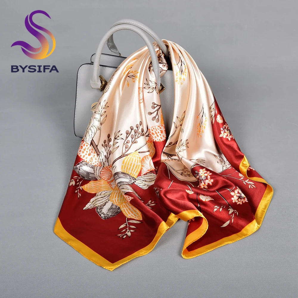 BYSIFA| Pink New Silk Shawl Scarf Women Fashion Elegant Floral Square Satin Scarves Fouldard Fall Winter Neck Scarves Hijiabs
