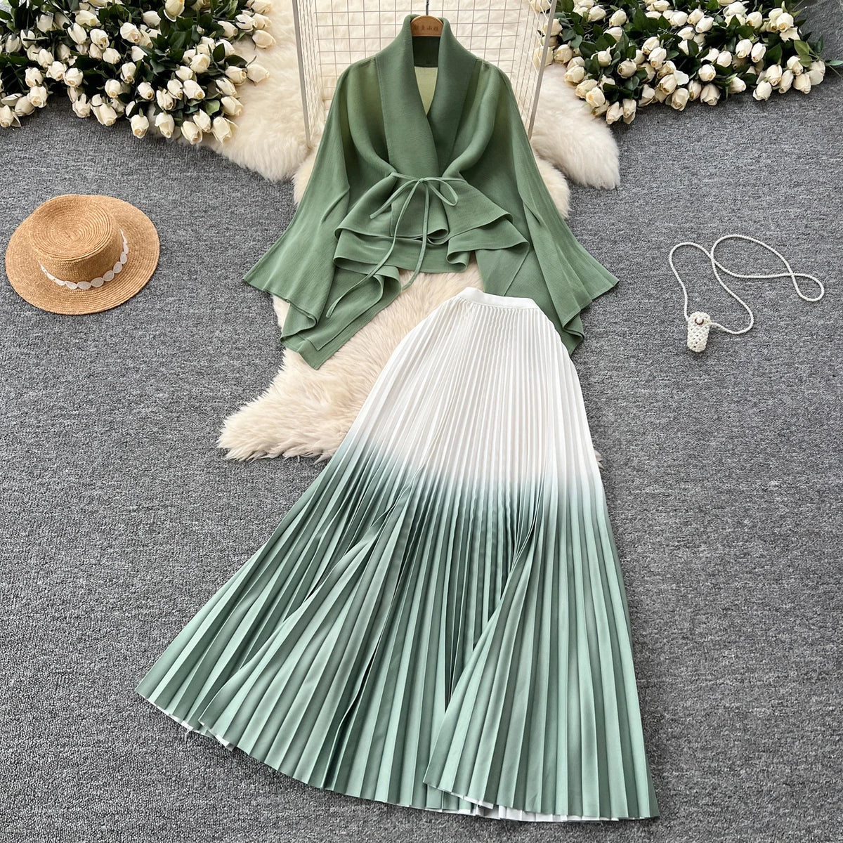 Elegant Long Sleeves Bandage Loose Top High Waist Pleated Skirt Evening High Street Fashion Autumn Winter Gradient Color Sets
