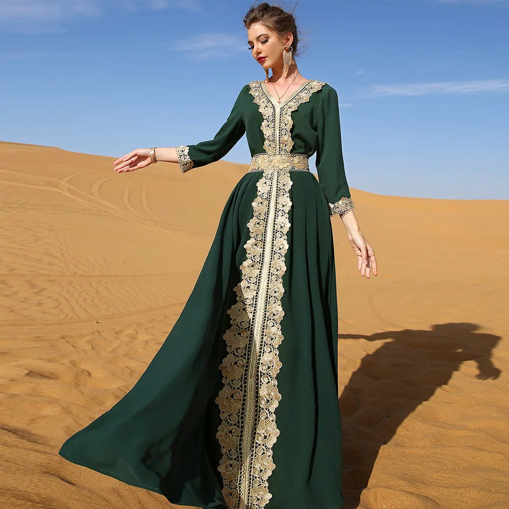 Elegant Vintage Middle East Southeast Asia Women's Dress in Forest Green with Embroidered Lace Perfect for Holiday Travel Pho...