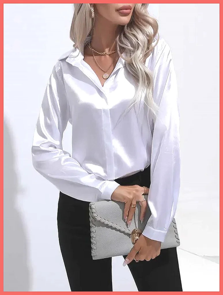 2025 Spring Summer Satin Shirt for Women, V-Neck Long Sleeve Silk Blouse Loose Office Shirt in Black White