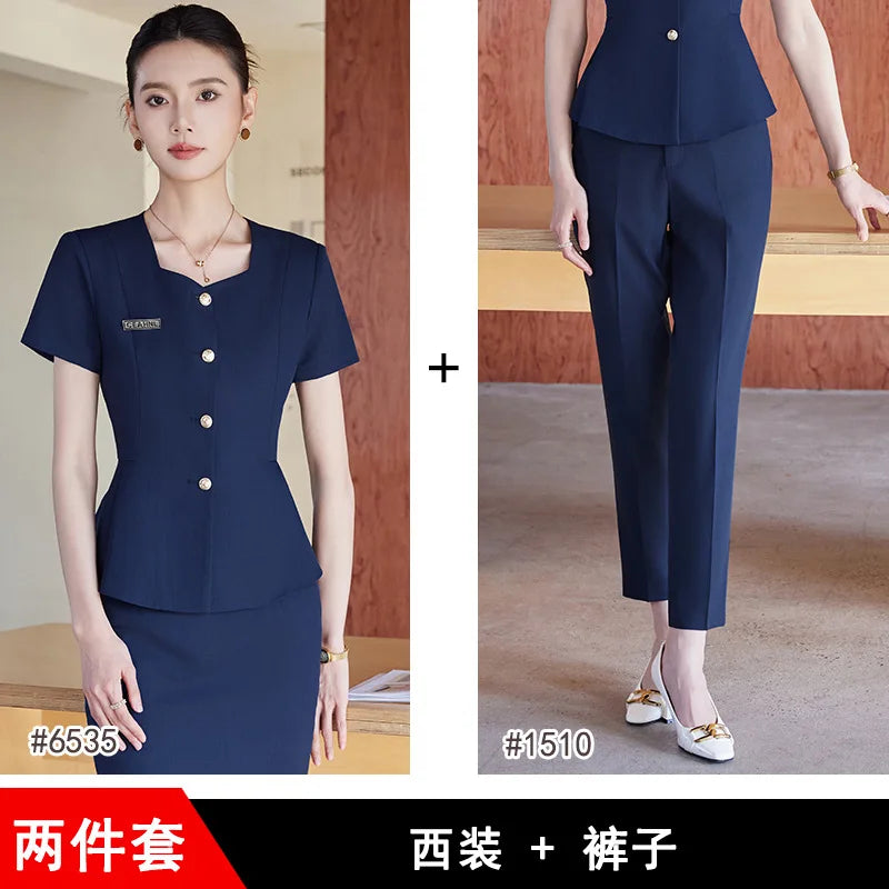 Elegant Western-Style Women's Summer Short Sleeve Suit for Professional Hotel Manager Front Desk Workwear Jewelry Store