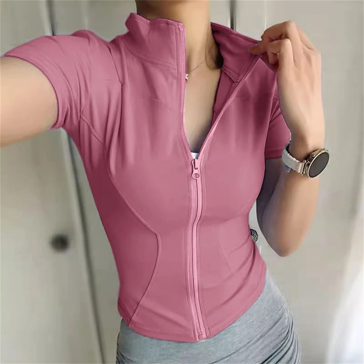 Casual Slim Sports Coat For Women Short Sleeve Solid Zipper Tops Female Cycling Running Yoga Outfit Clothes Summer Sport Jacket