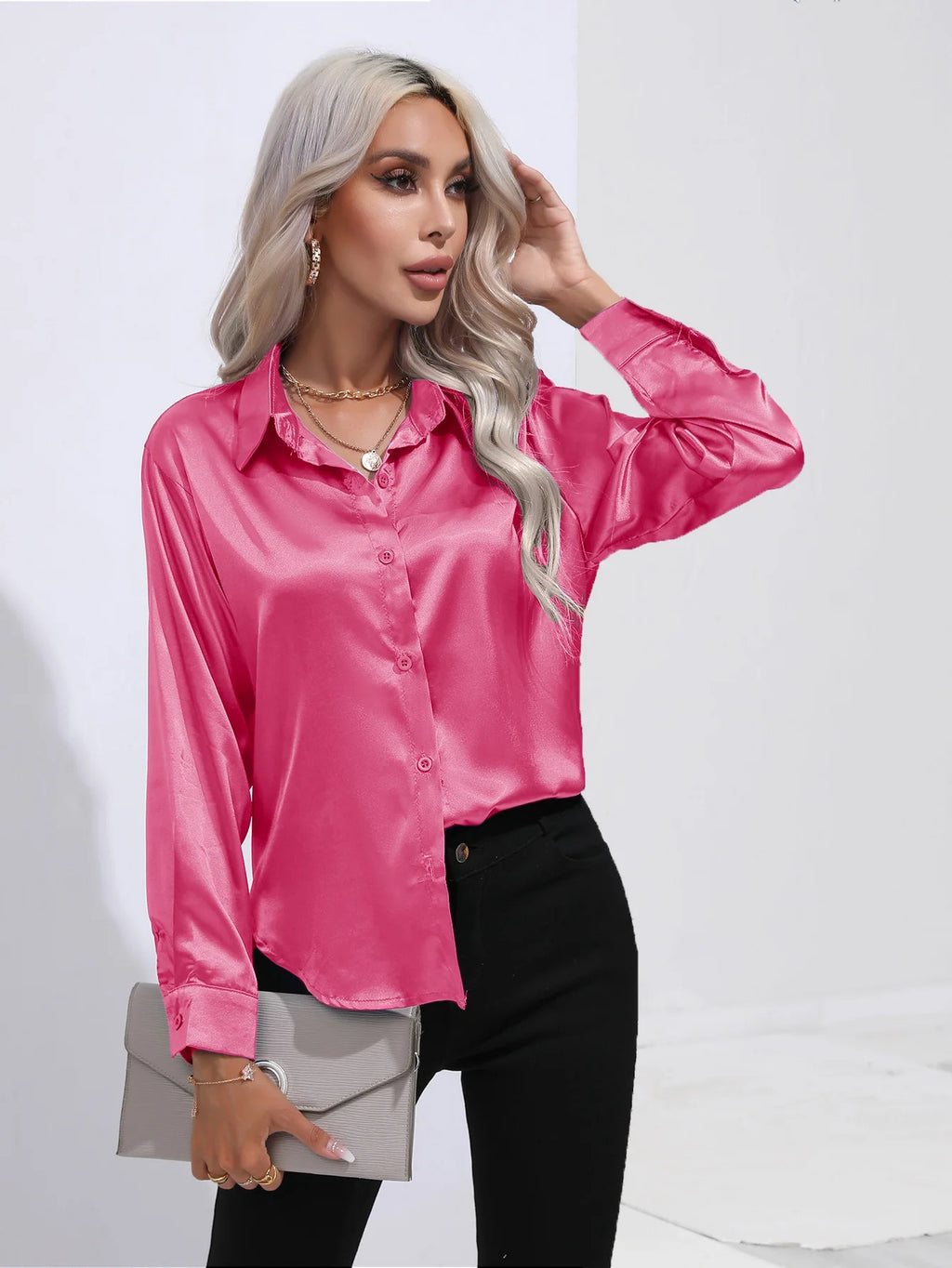 2025 Spring Summer Satin Shirt for Women, V-Neck Long Sleeve Silk Blouse Loose Office Shirt in Black White