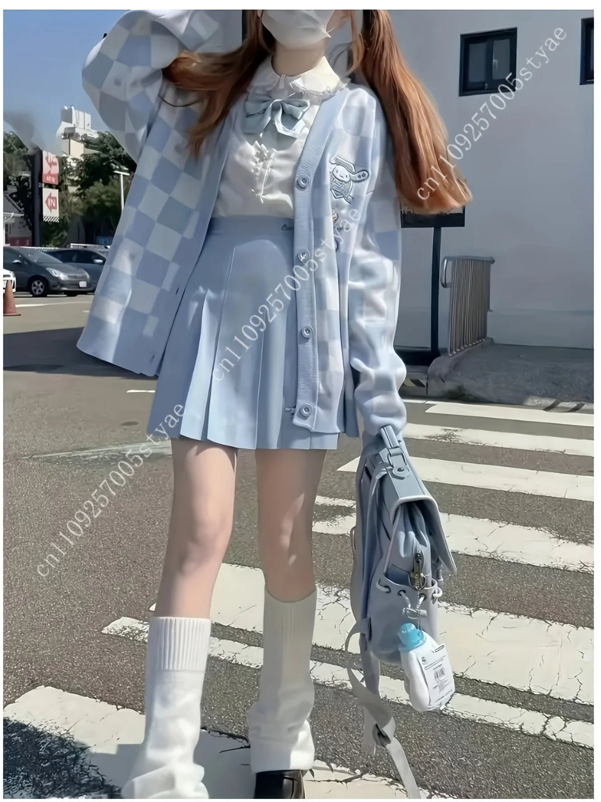 Cinnamoroll Light Blue White Checkered Cardigan Featuring A Heart-Shaped Designed for Teen and Women Long-Sleeved Thin Sweater