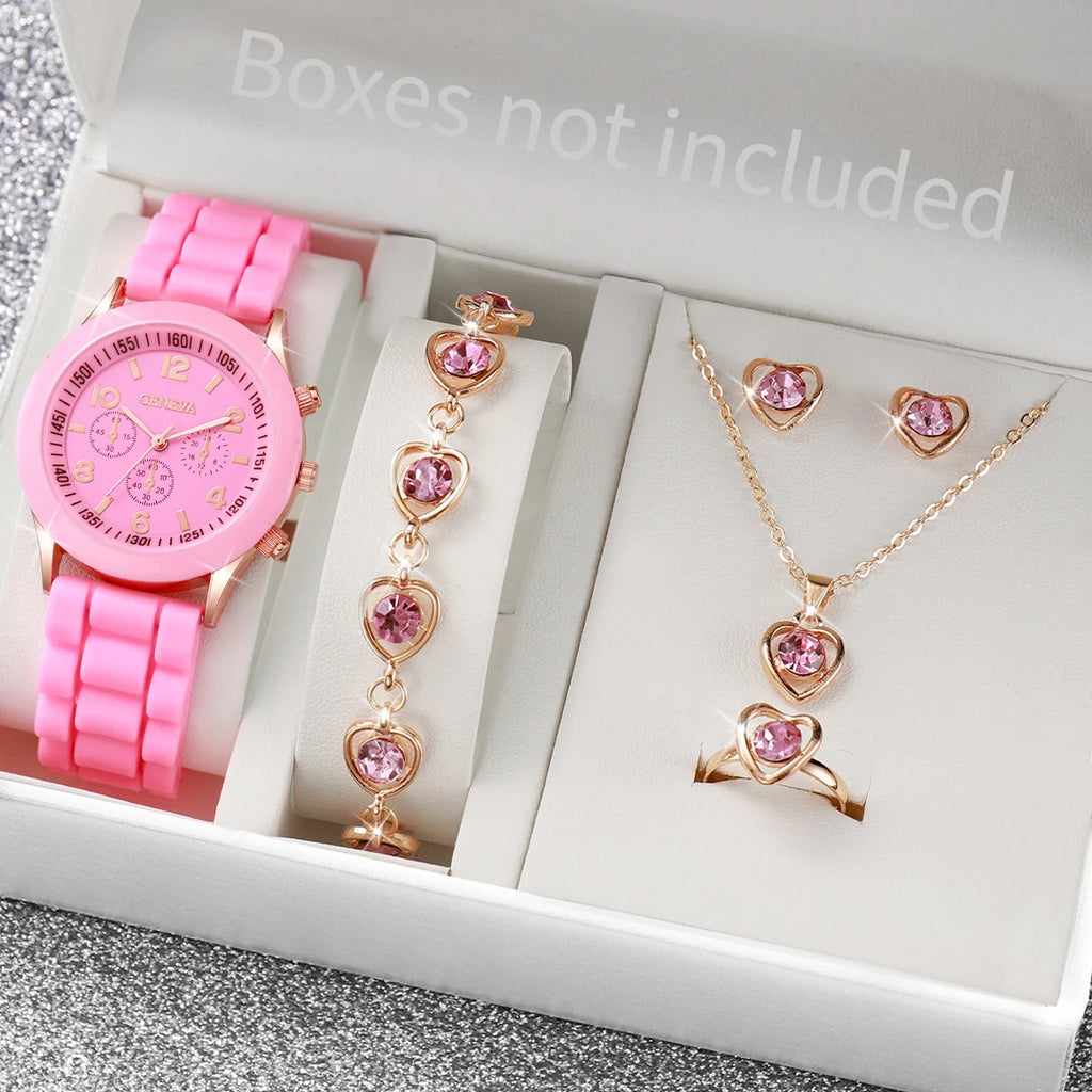 5/6PCS Women Watches Fashion Silicone Band Women Quartz Watches Jewelry Set Reloj Mujer Girls Clock Gift (Without Box)